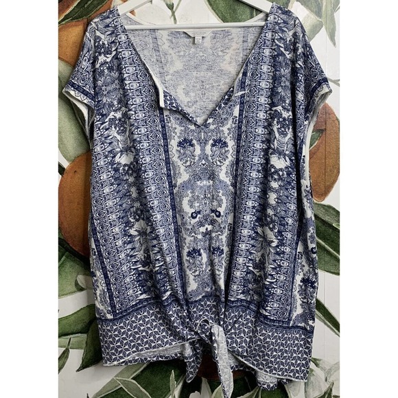 Lucky Brand 3X Sleeveless Floral Blue Boxy Fit Tie Front Tee Shirt Cotton Modal - Picture 1 of 5